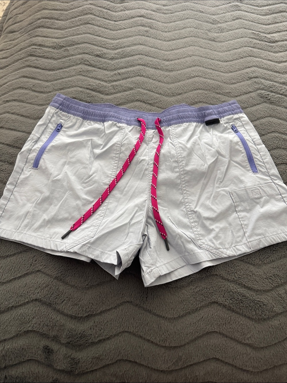 Wrangler White Athletic Shorts with Lavender Trim and Pink Drawstring
